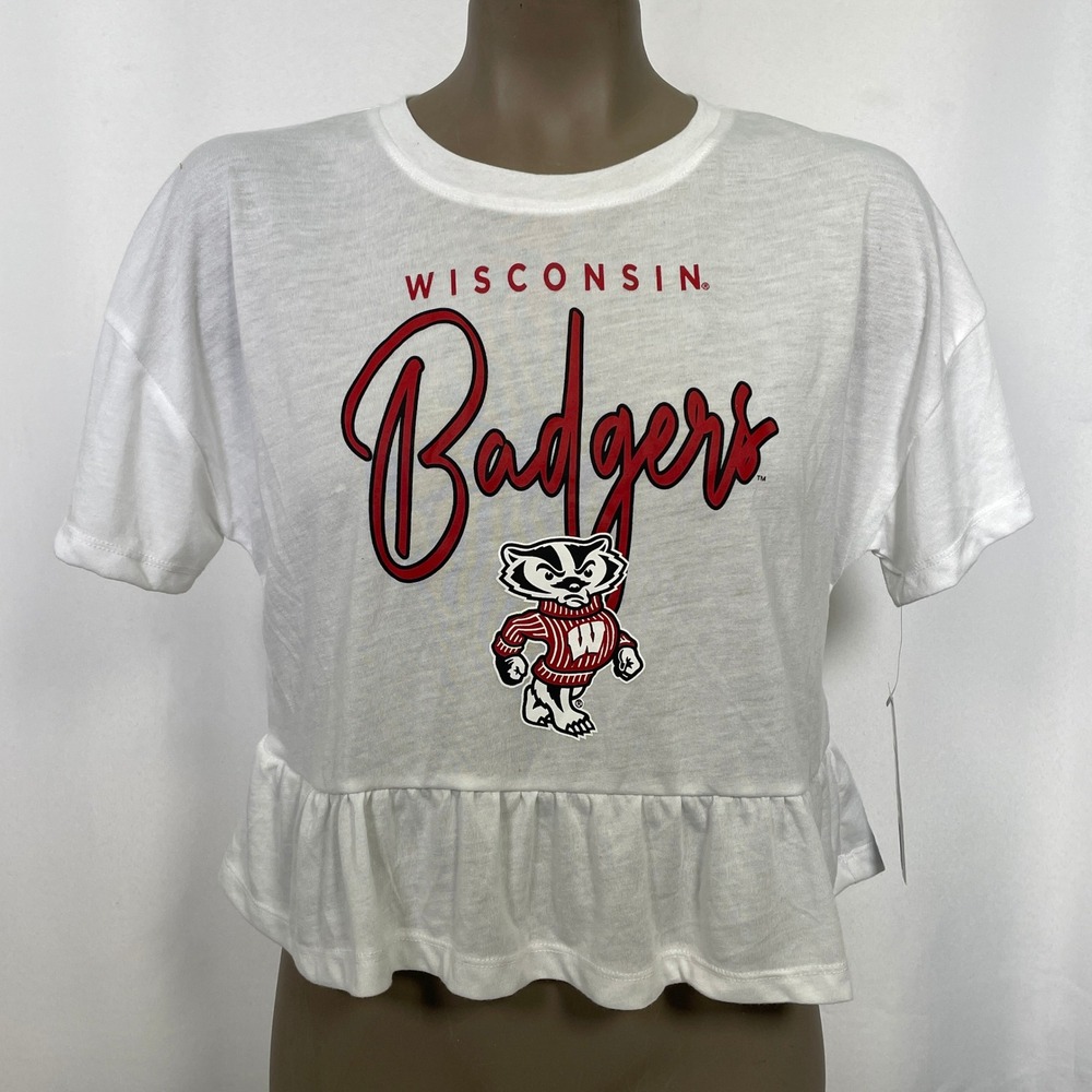 Wisconsin Badgers White Crop Top with Ruffle Hem
